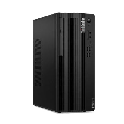 Black Lenovo desktop computer tower on a white background