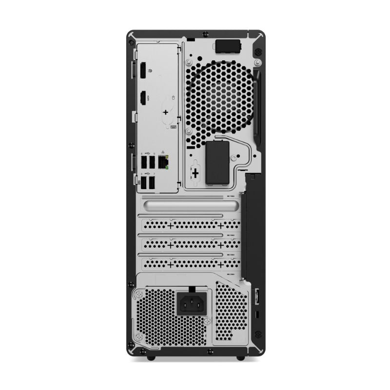 Back view of a computer tower case on a white background