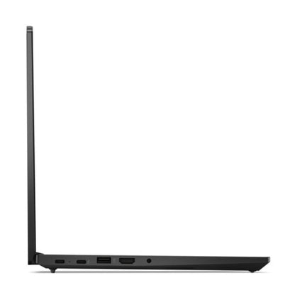 Side view of a black laptop on a white background