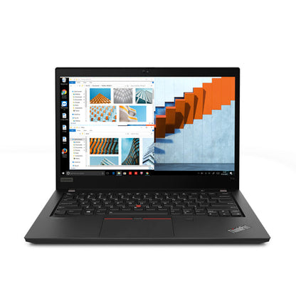  Front view of Lenovo ThinkPad T14 laptop with screen on, showing Windows interface and colorful design graphics.