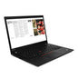  Lenovo ThinkPad T14 laptop angled left view with display on showing text and images, black keyboard visible.