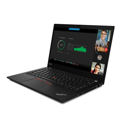 Lenovo ThinkPad T14 laptop angled right view with display showing video conference and performance analytics.