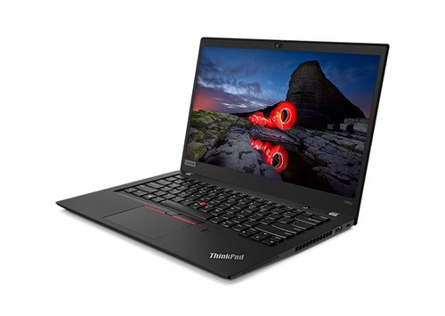 Lenovo ThinkPad T490s laptop front right view with display on, showing thin bezels and backlit keyboard.