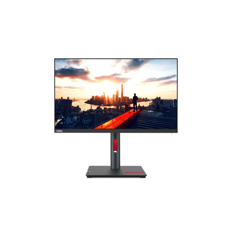 Monitor displaying a cityscape with a person on a bridge, on a white background