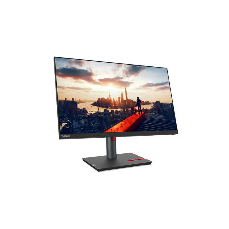 Wide-angle monitor displaying a cityscape with a person on a bridge.