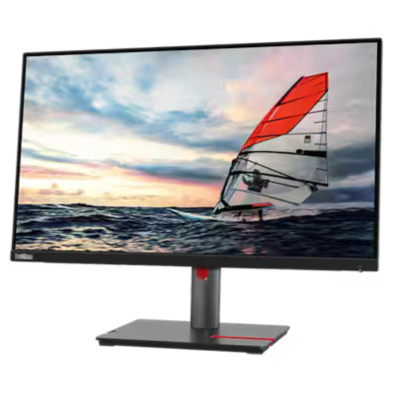 Monitor displaying a scenic image of a sailboat on water with a colorful sky.