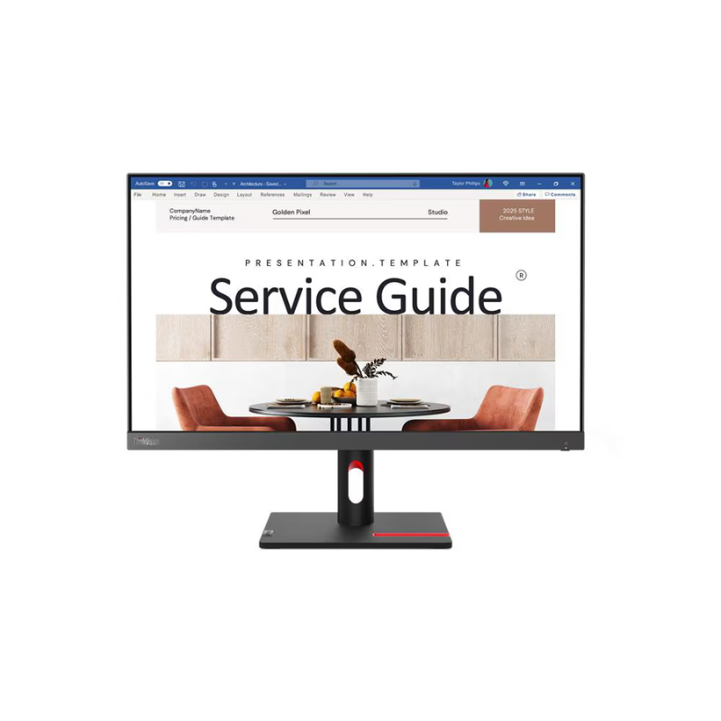 Monitor displaying a 'Service Guide' presentation template with a dining room scene.