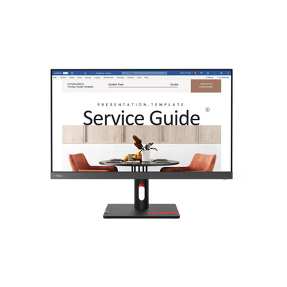 Monitor displaying a 'Service Guide' presentation template with a dining room scene.