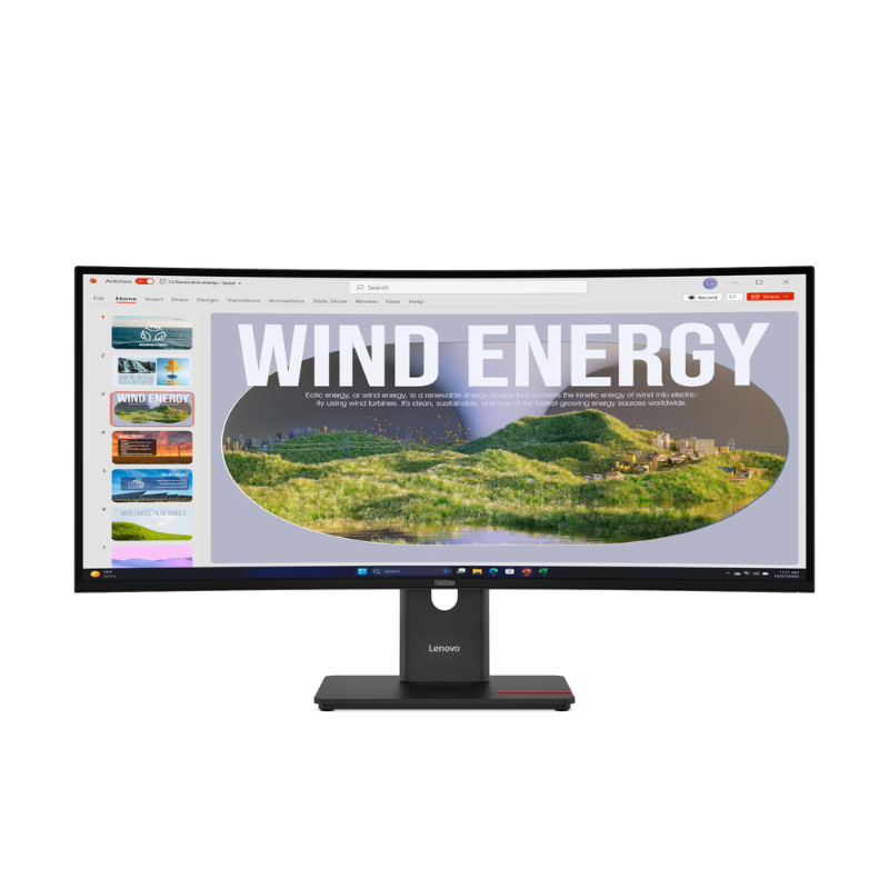 Computer monitor displaying a webpage about wind energy on a white background