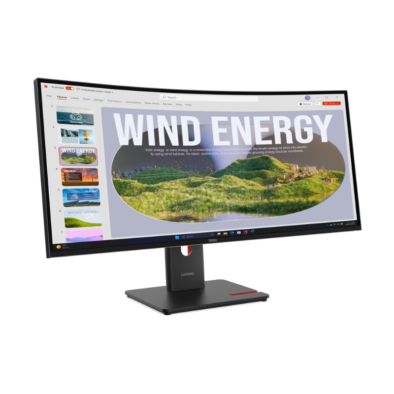 Wide monitor displaying a webpage about wind energy on a white background