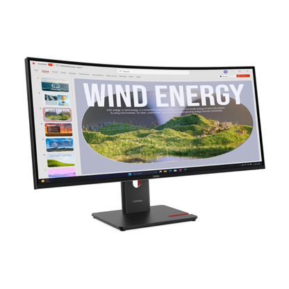 Wide monitor displaying a webpage about wind energy on a white background
