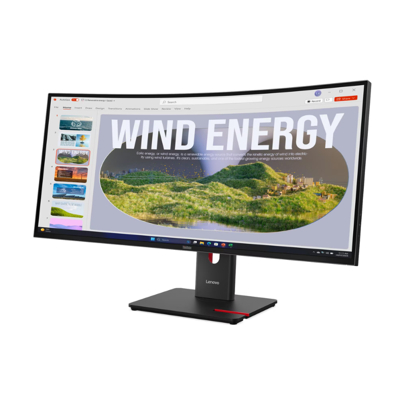 Monitor displaying a webpage about wind energy on a white background