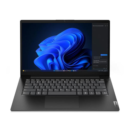 Black laptop with a blue abstract design on the screen on a white background