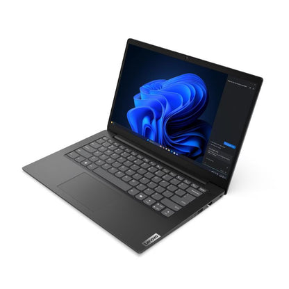 Black laptop with a blue abstract design on the screen on a white background