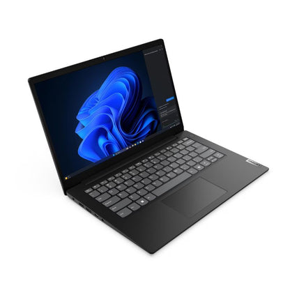 Black laptop with a blue abstract design on the screen on a white background