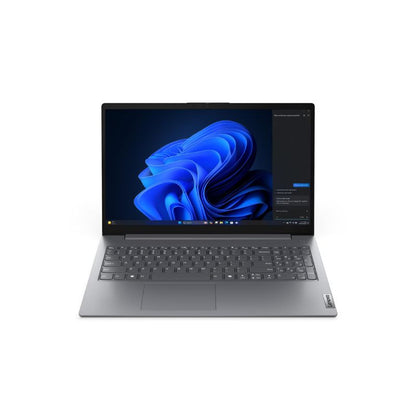 Laptop with a blue abstract design on the screen against a white background