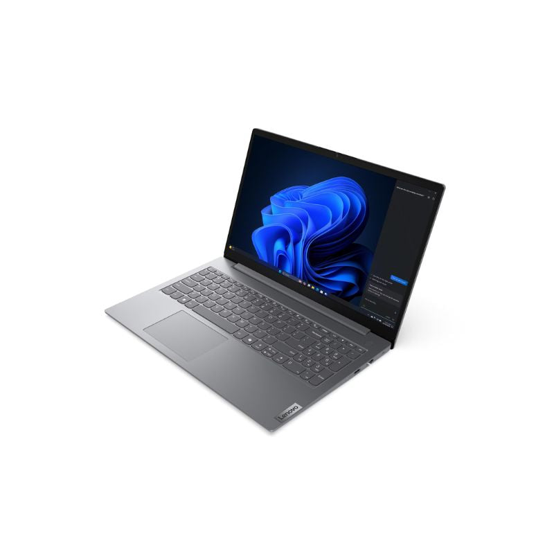 Laptop with a blue abstract design on the screen against a white background
