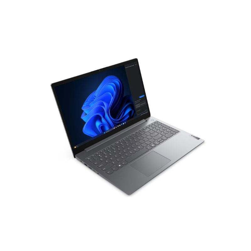 Laptop with a blue abstract design on the screen against a white background