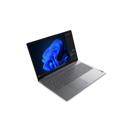 Laptop with a blue abstract design on the screen against a white background