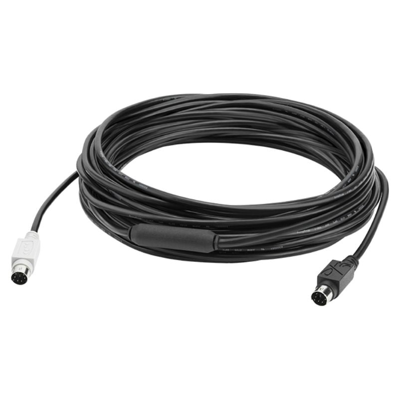 Coiled black cable with connectors on a white background