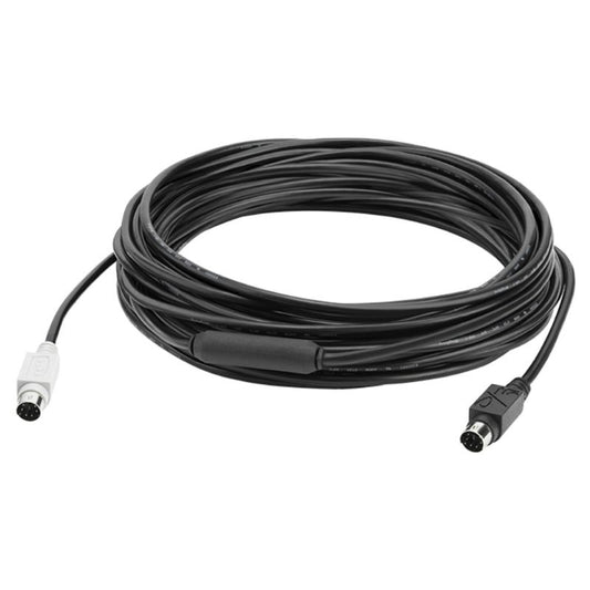 Coiled black cable with connectors on a white background