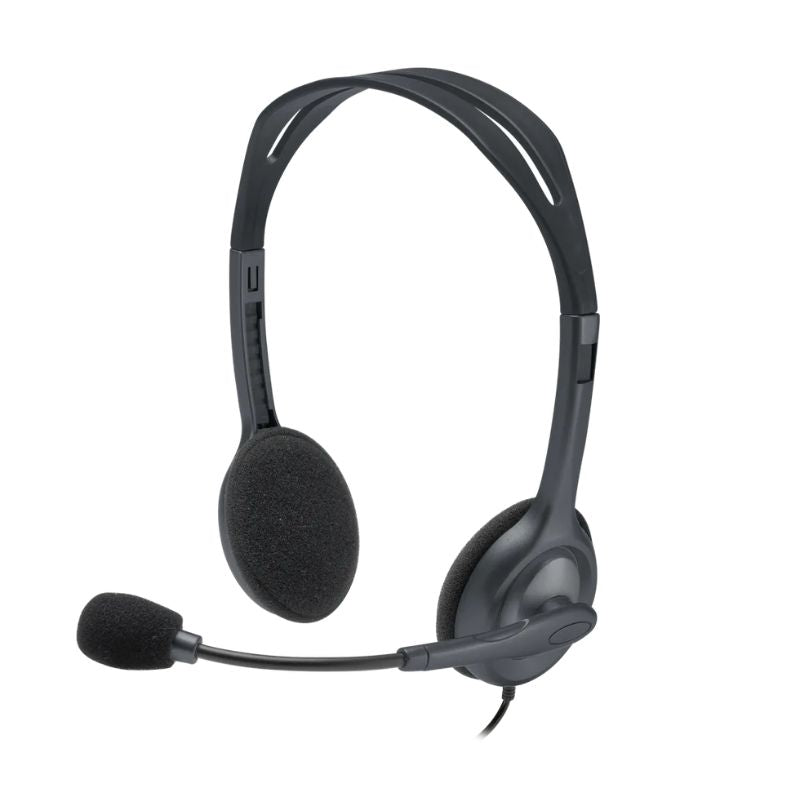 Black headset with microphone on a white background