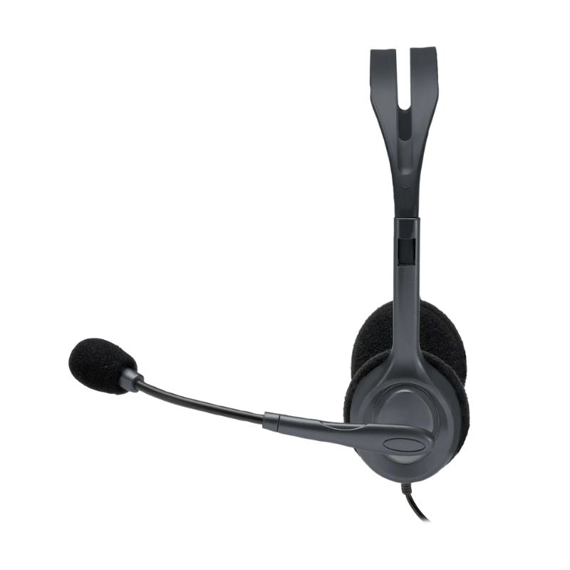 Black headset with microphone on a white background