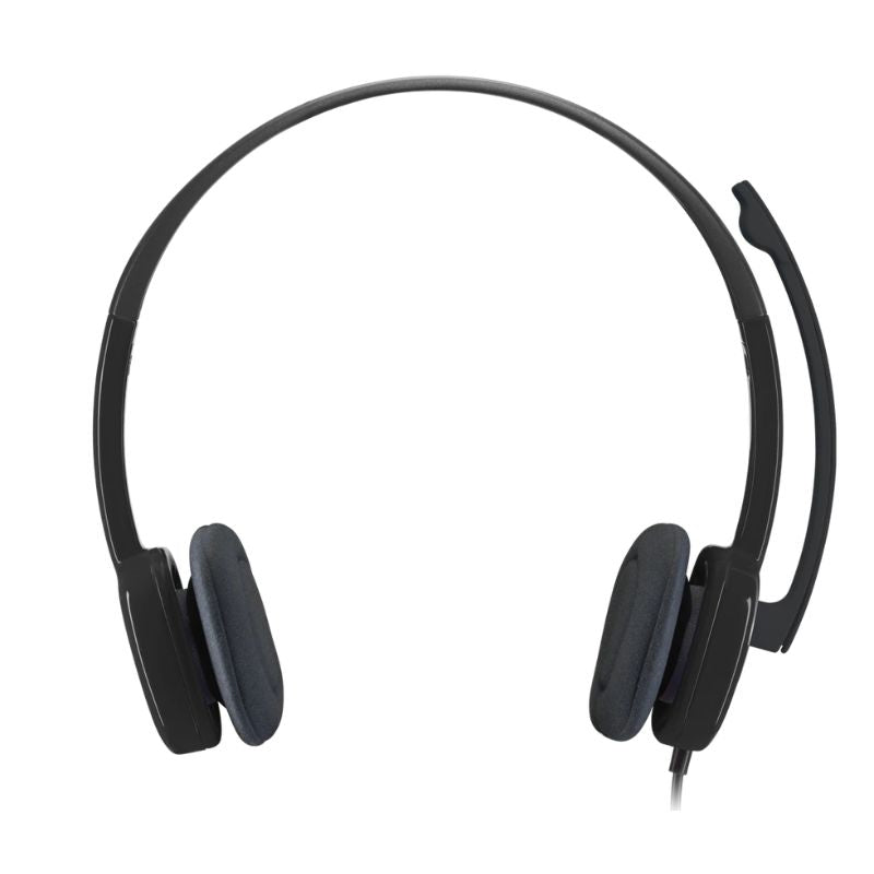 Black headset with microphone on a white background