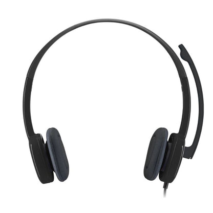 Black headset with microphone on a white background