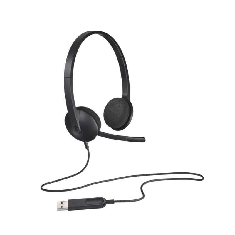 Black headset with microphone on a white background