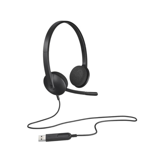Black headset with microphone on a white background
