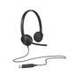 Black headset with microphone on a white background