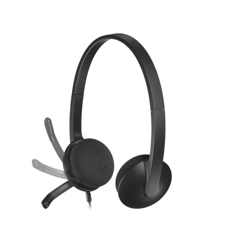 Black headset with microphone on a white background