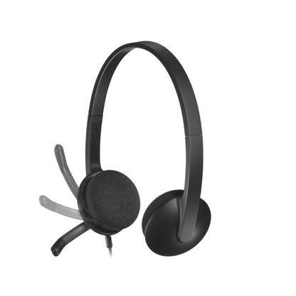 Black headset with microphone on a white background