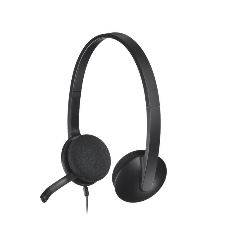 Black headset on a white background