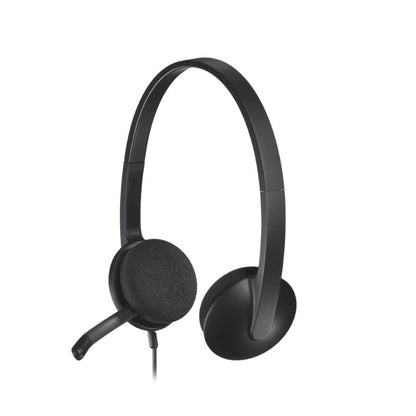Black headset on a white background
