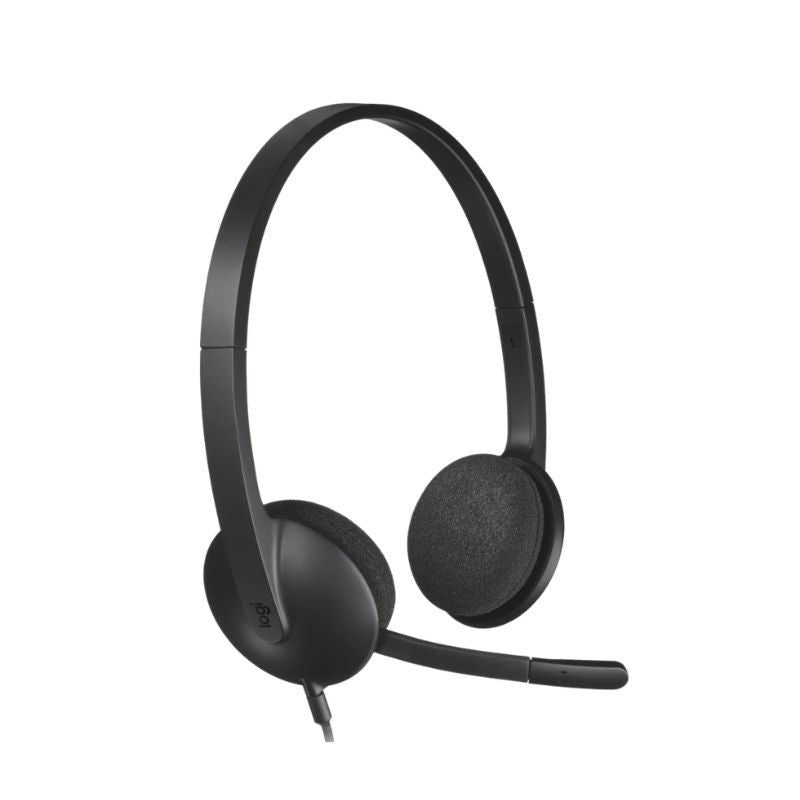 Black headset with microphone on a white background