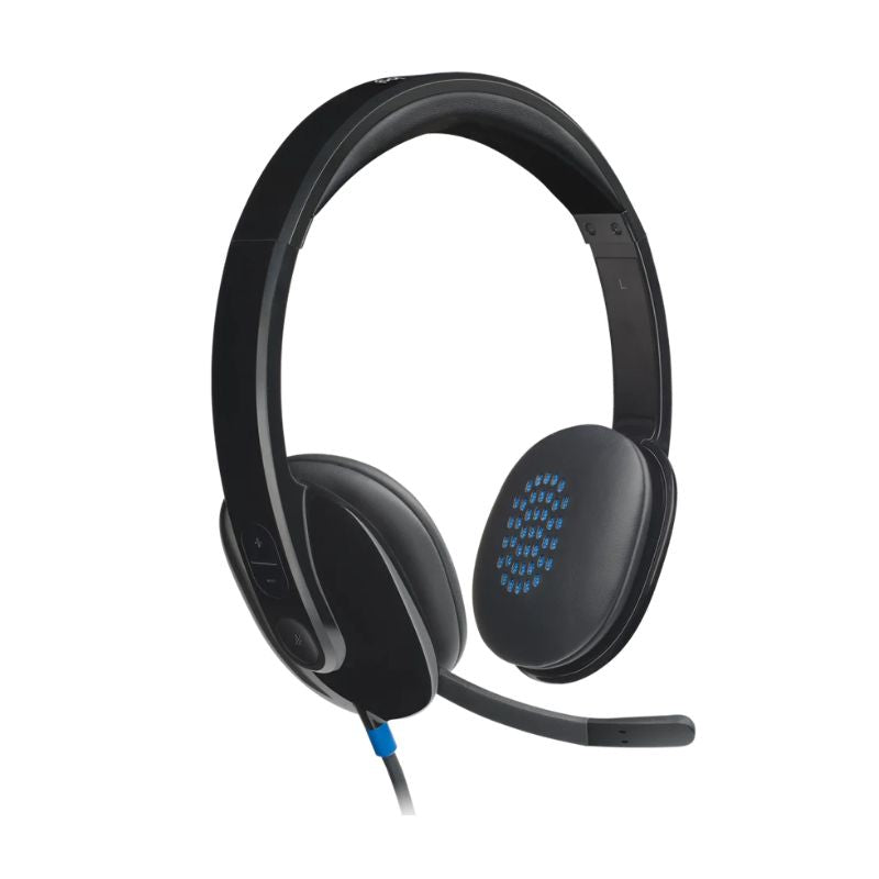 Black headset with microphone on a white background