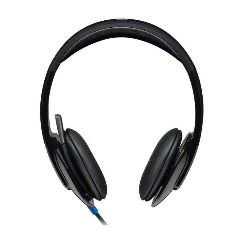 Black headphones with a cable on a white background