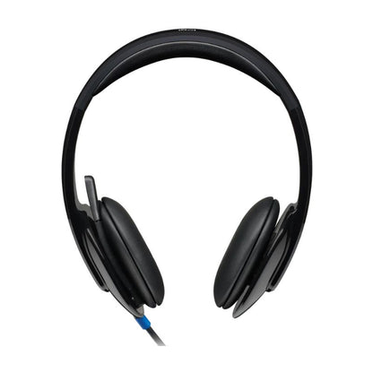 Black headphones with a cable on a white background