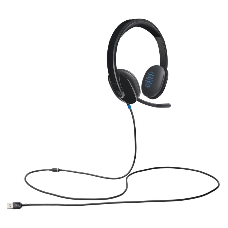 Black headset with USB cable on a white background