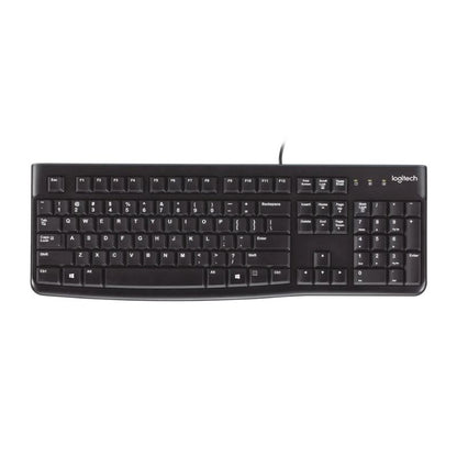 Black Logitech keyboard on a white background