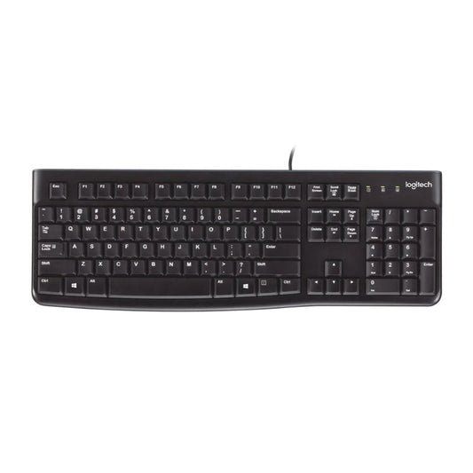Black Logitech keyboard on a white background