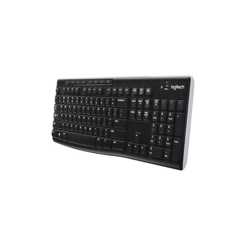 Black Logitech keyboard on a white background