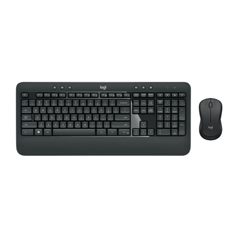 Black keyboard and mouse set with Logitech branding on a white background