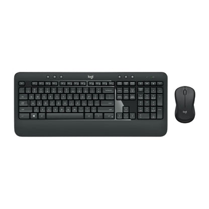 Black keyboard and mouse set with Logitech branding on a white background