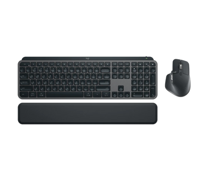 Black keyboard, mouse, and wrist rest on a white background