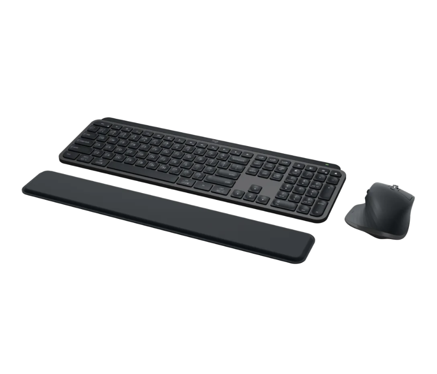 Black keyboard with wrist rest and mouse on a white background