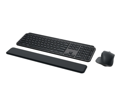 Black keyboard with wrist rest and mouse on a white background