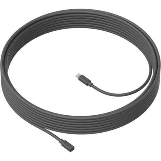 Coiled black cable with connectors on a white background